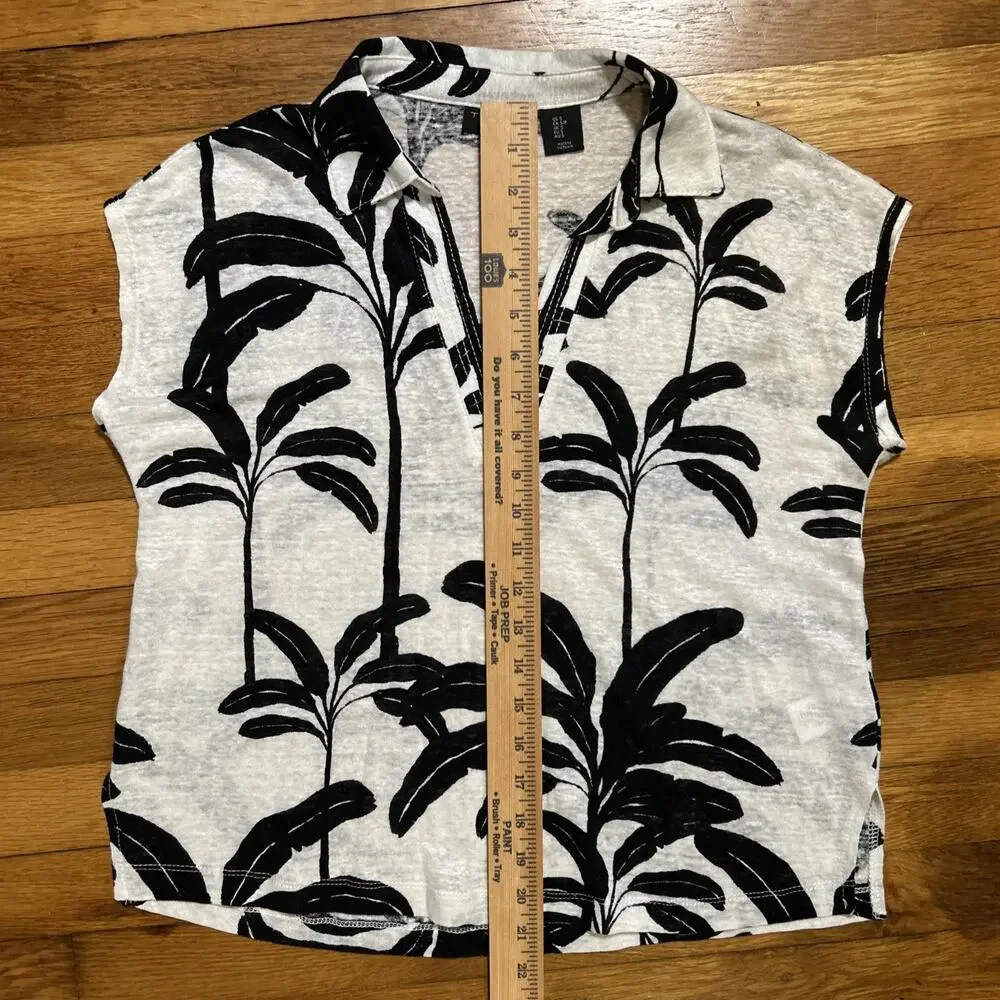 Tahari Women sz S 100% Linen Black White Palm Print Tropical Top V-neck Nautical - Picture 6 of 6